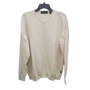Greg Norman Men's Eggshell Cream Grid Print V-Neck Preppy Cotton Sweater Size L